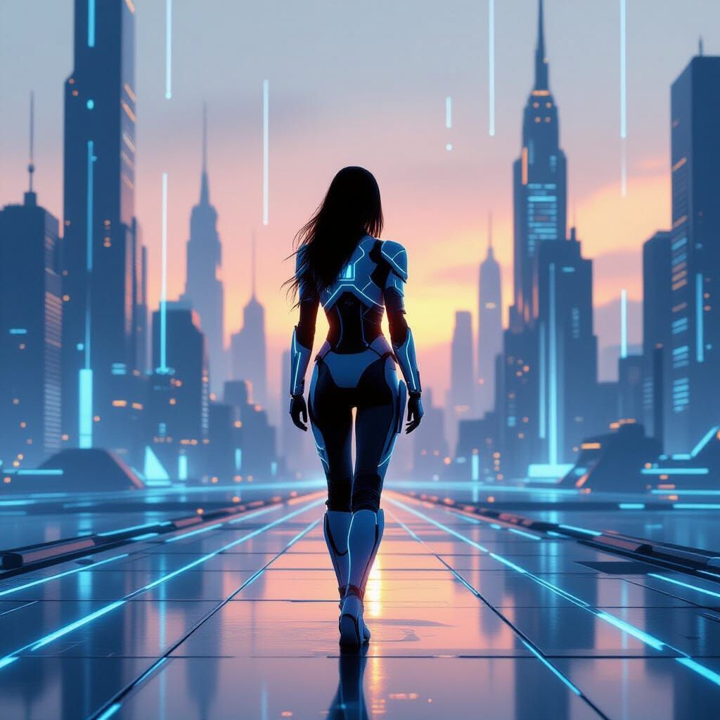 Futuristic Woman in Neon Cityscape with Glowing Lines