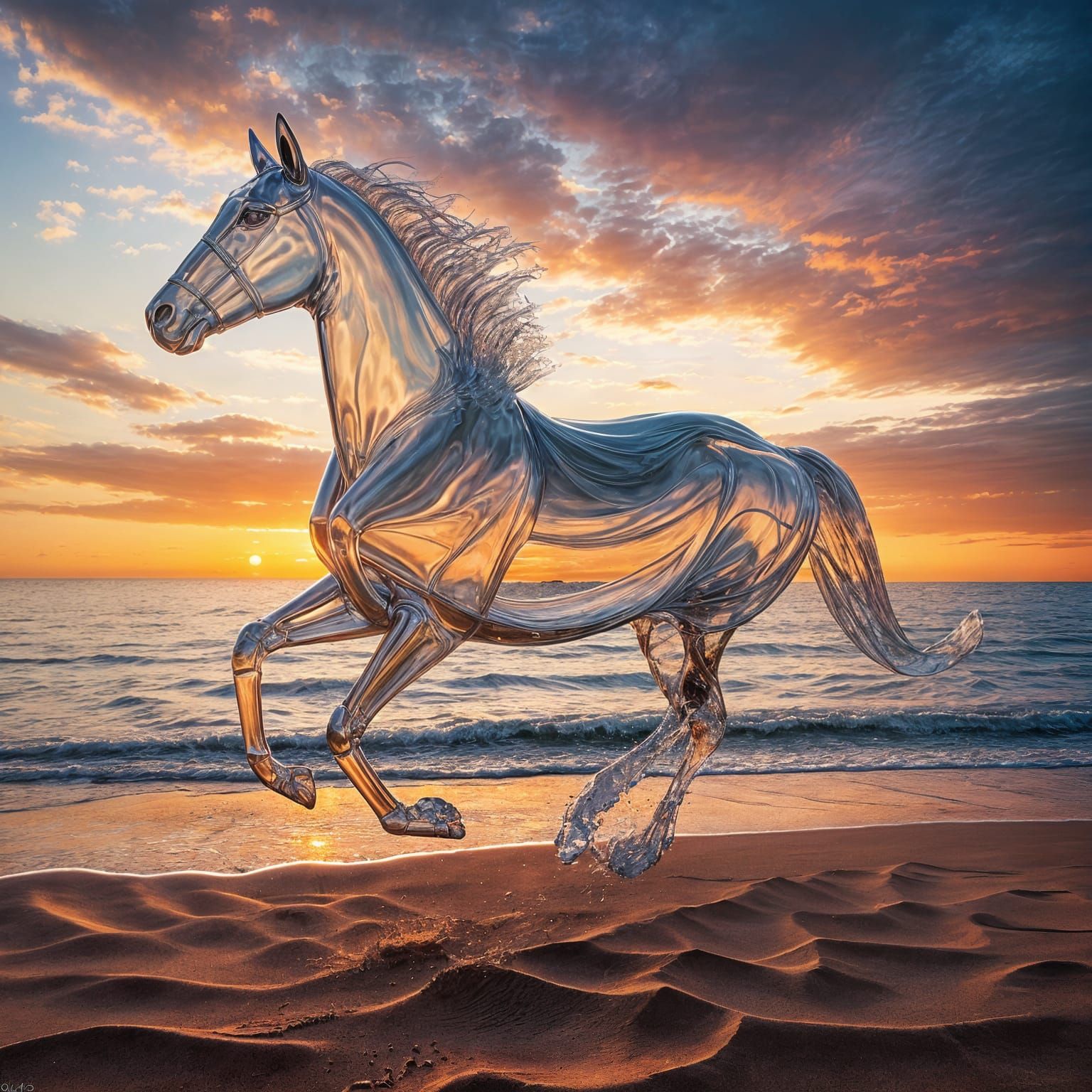 Transparent Glass Horse at Sunset Beach