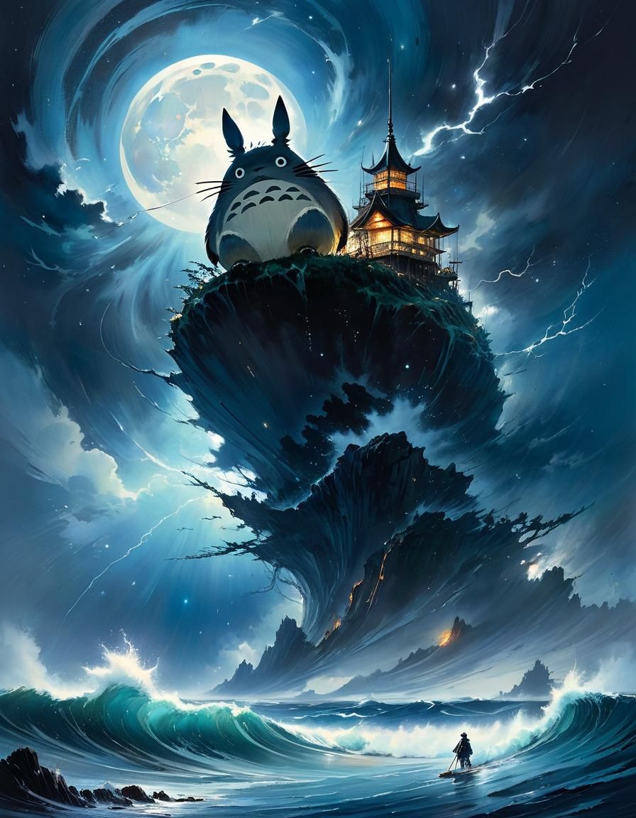 Totoro Gazes at Ocean Storm, Watercolor Style