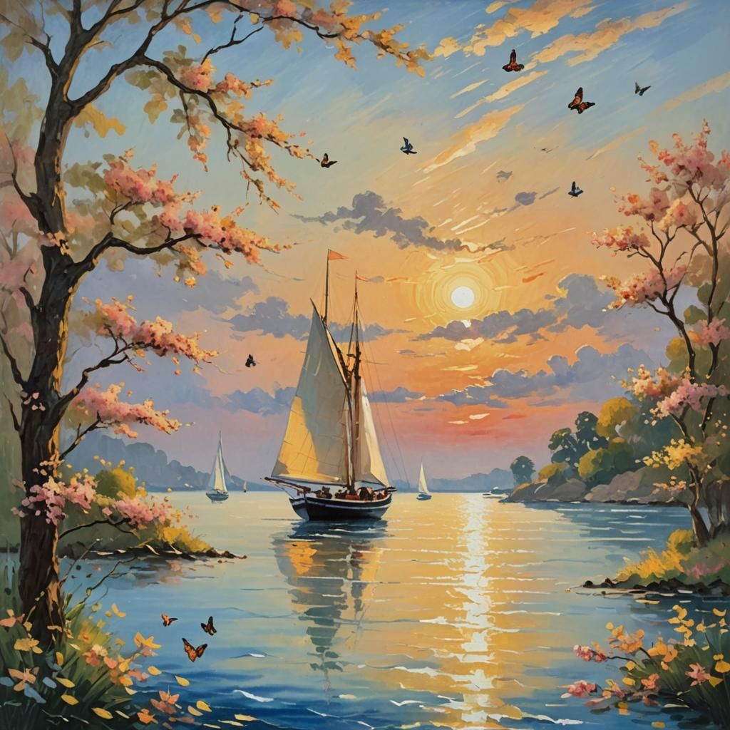 Sailboat at Sunset: Impressionist Oil Painting