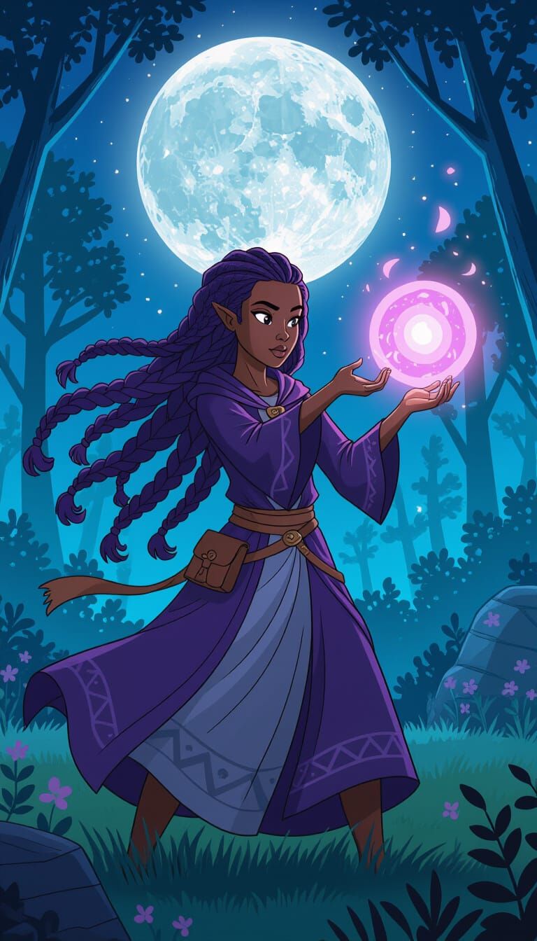 Black Female Mage Casting Spell in Moonlit Forest