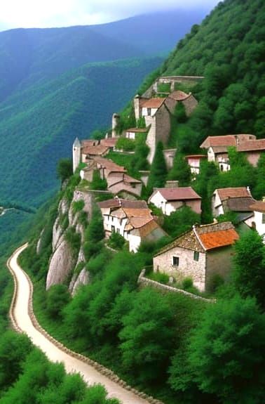 A small village, founded in the Middle Ages, ascending steeply up the side of a mountain.