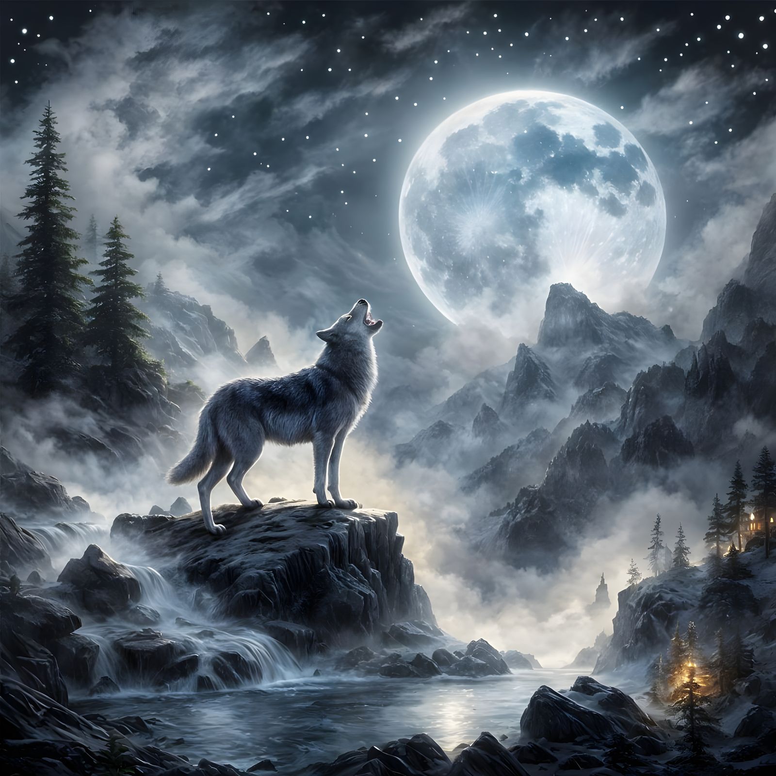 Wolf Howling at Moon in Ethereal Fantasy Style