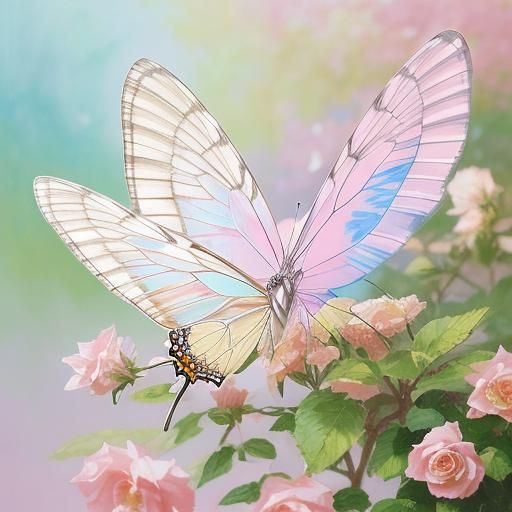 Glass-Winged Butterfly on Rose in Impressionist Style