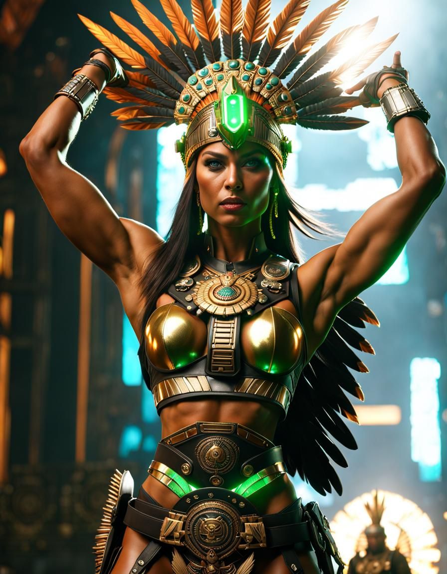 Aztec Warrior Woman in Cyberpunk Servo-Armor