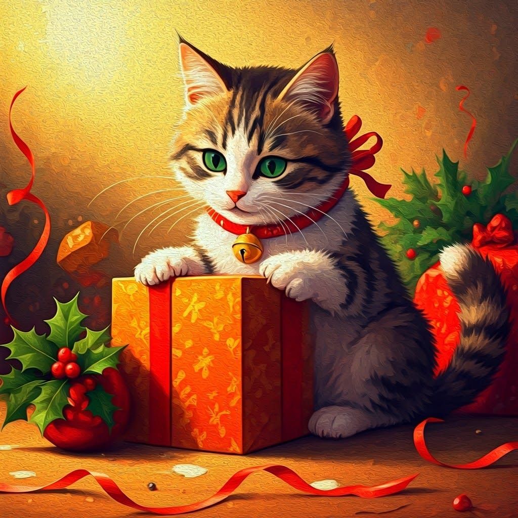 Festive Cat Unwraps Christmas Present in Whimsical Gouache S...