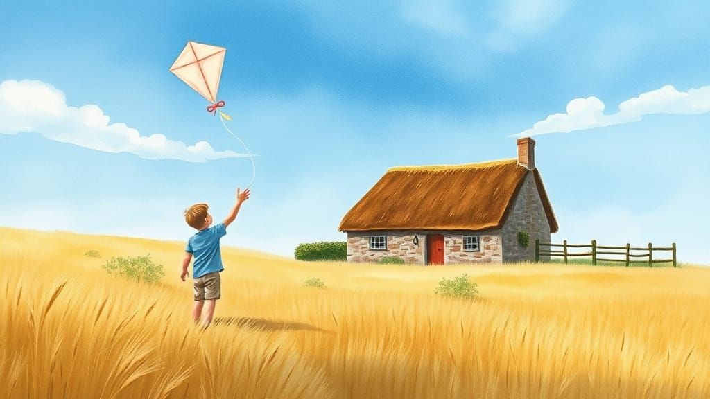 Child's Kite Soars Above Wheat Field in Watercolor