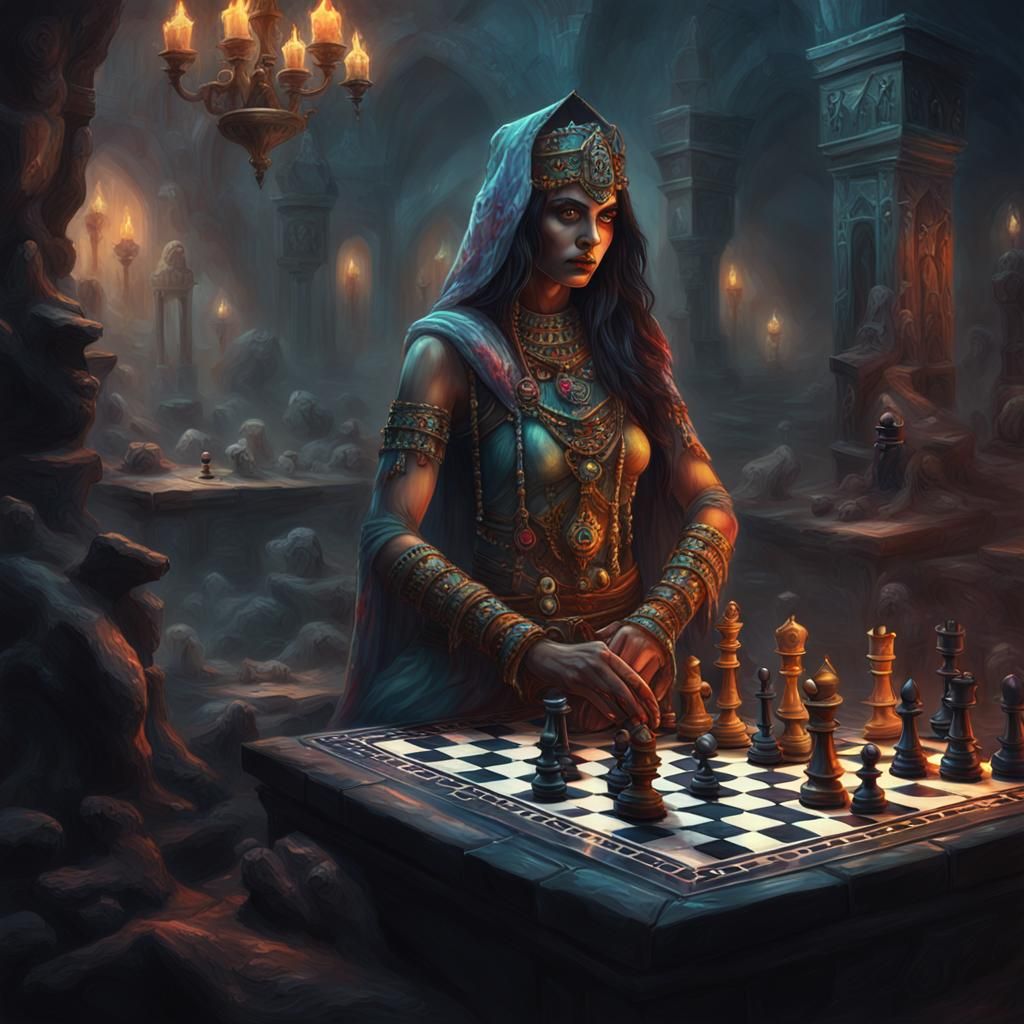 Barbarian Girl in Chess Bishop, Oil Painting