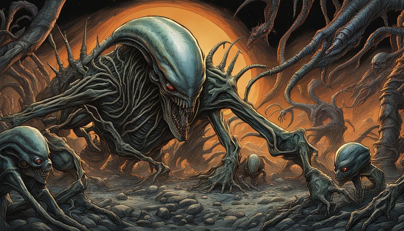 Sci-Fi Alien Creature in Chaotic Line Art