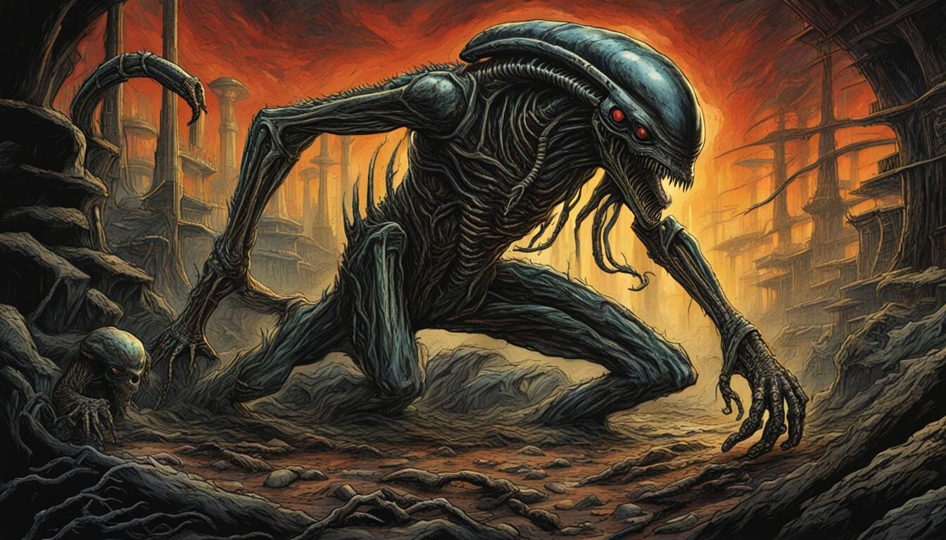 Creepy Sci-Fi Alien Creature in Chaotic Line Art