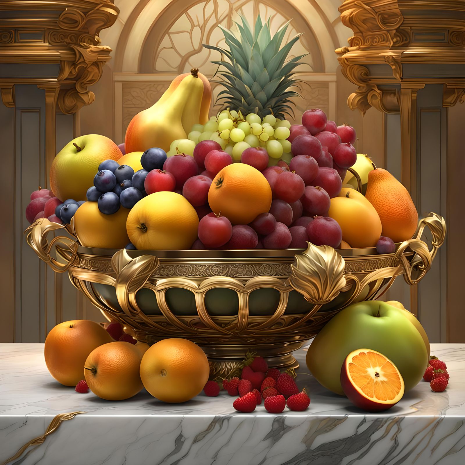 Exotic Fruit Basket with Gold Bow, Hyperdetailed Digital Art