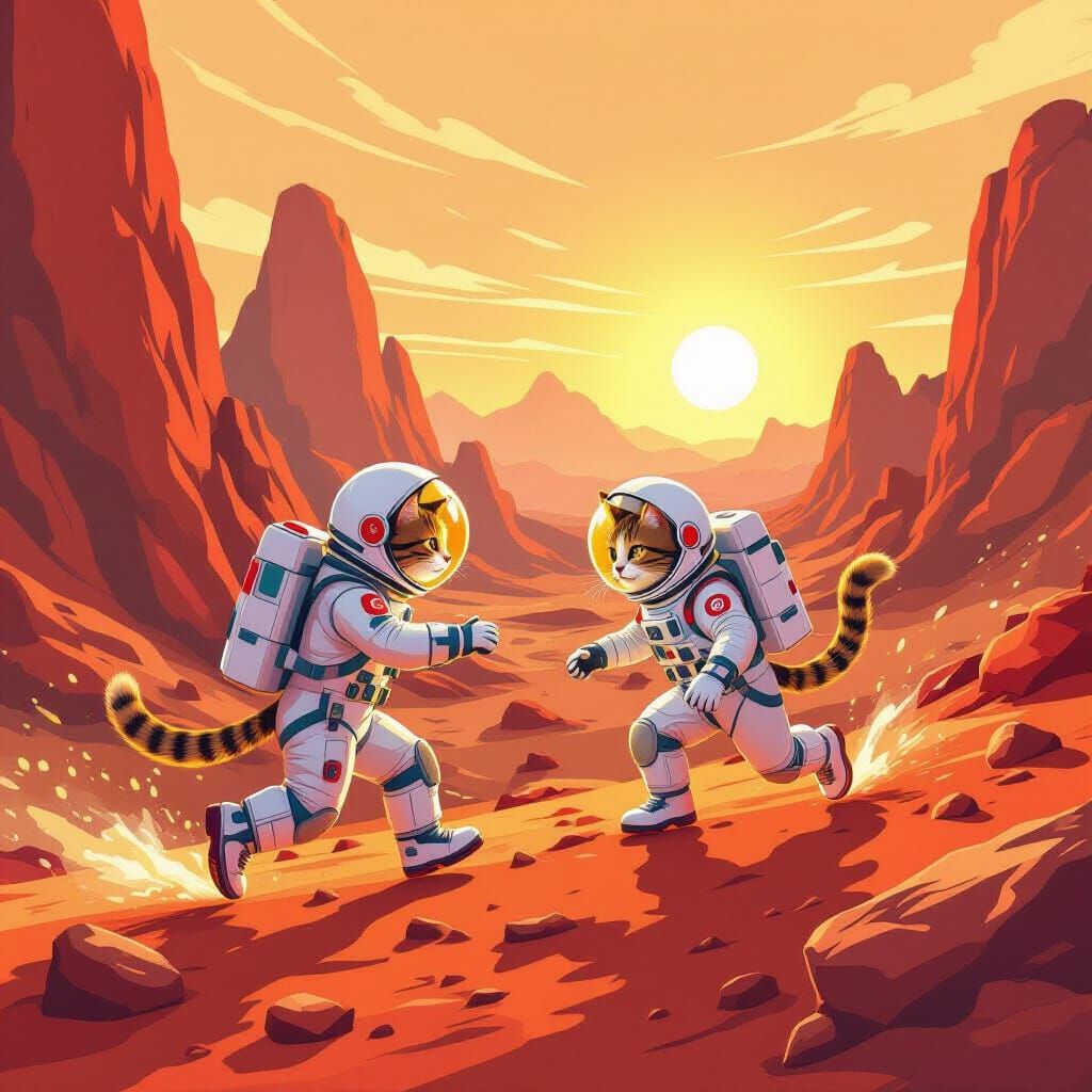 Whimsical Space Cats Playing Tag on Mars