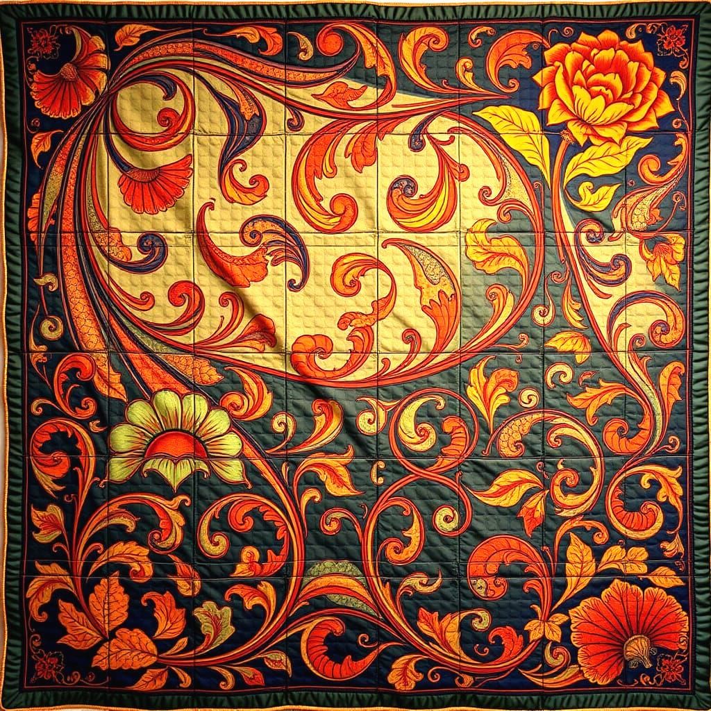 Gorgeous Silk Quilt with Art Nouveau Patterns