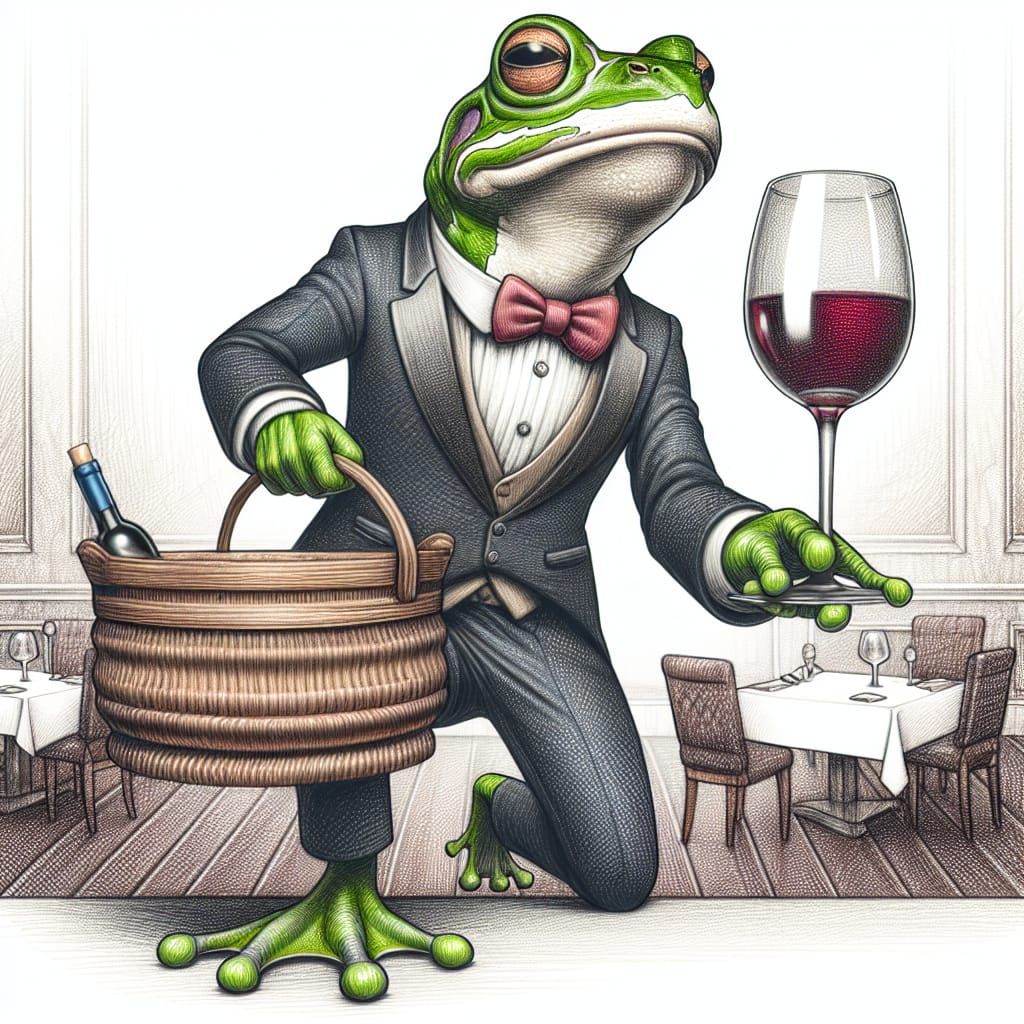 Cartoon Bullfrog Waiter Serving Wine