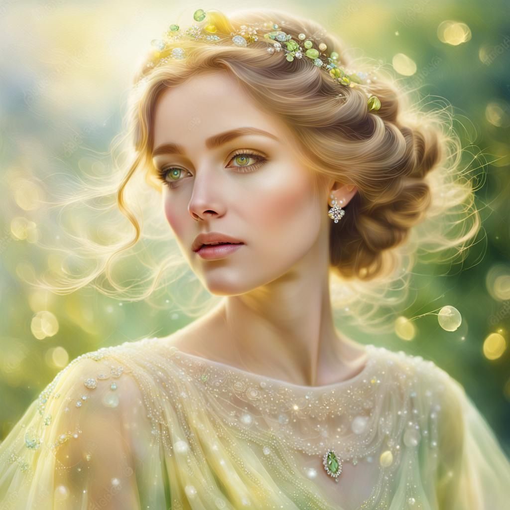 Ethereal Woman in Lemon Dress with Sparkling Jewels