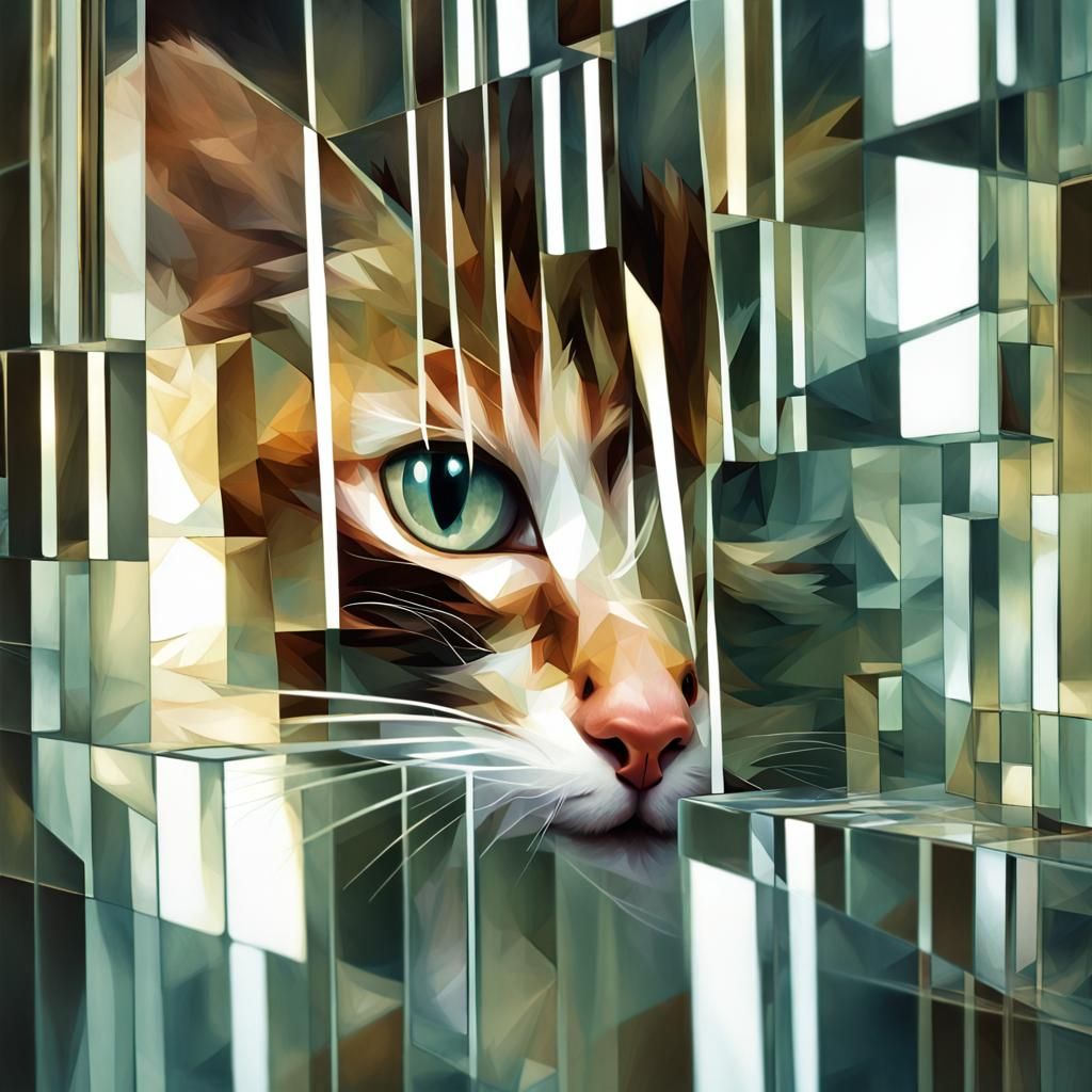 Cubist Glass Kitten Fractal Circuit Portrait
