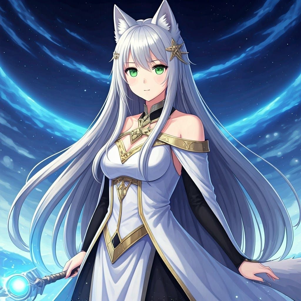 Anime Priestess Wolf Woman with Wand