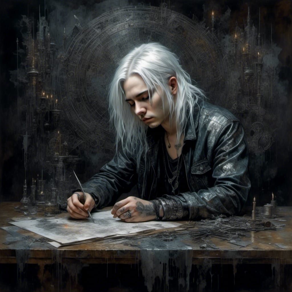 Goth Metalhead with Fractal Wallpaper in Watercolor Style