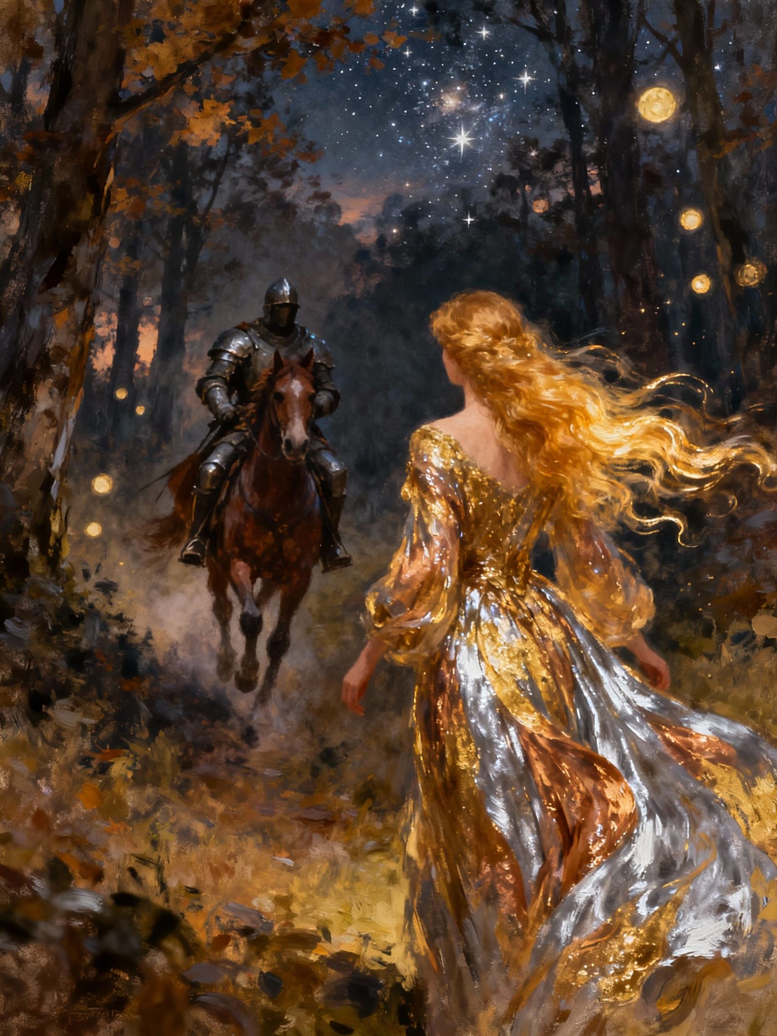 Knight Pursues Ethereal Woman Through Starry Forest Night