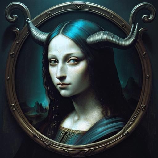 Demonic Mona Lisa in Dark Throne Room: Surreal Portrait