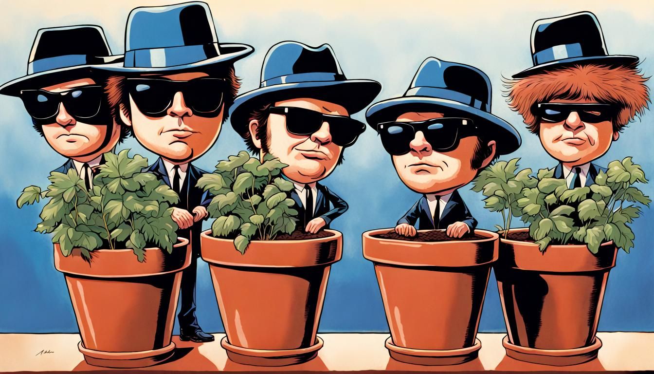 The Blues Brothers as Clay Flowerpots Illustration