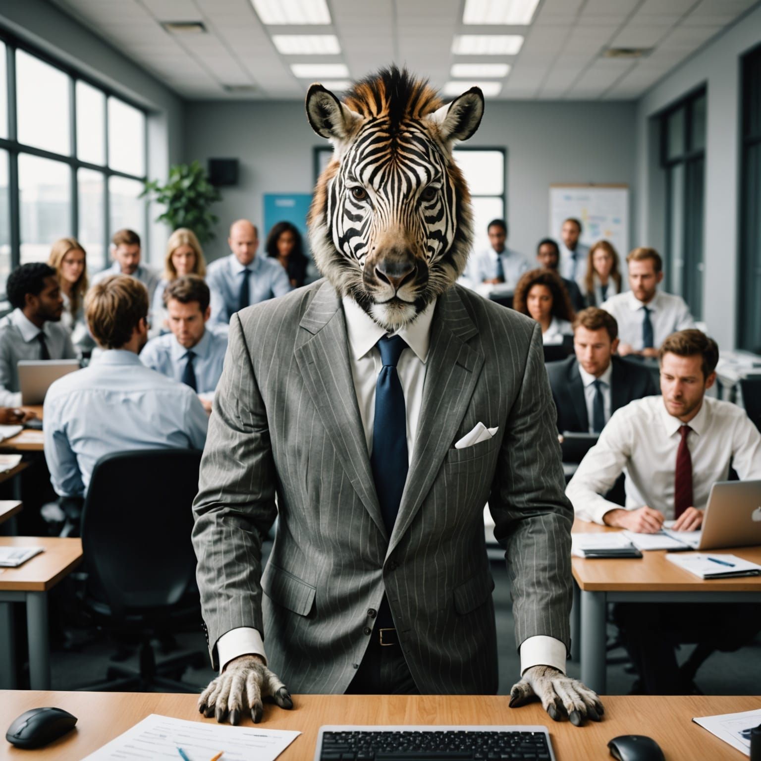 Zebra Gives Business Presentation to Monkeys in Office