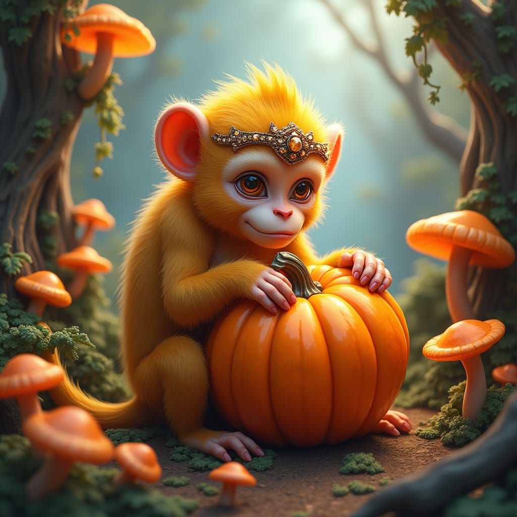 Gemstone Monkey Enjoys Pumpkin in Fantasy Landscape