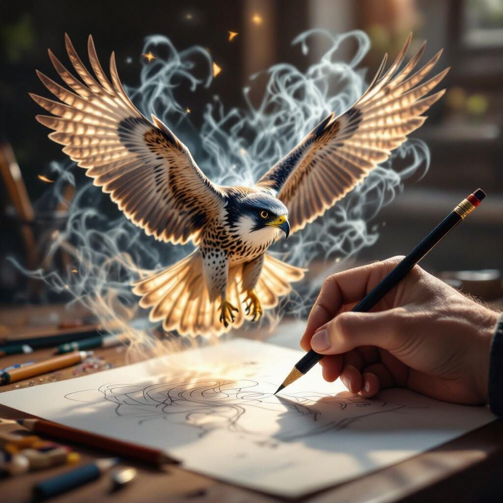 Artist Draws Falcon Flying Out Of Paper