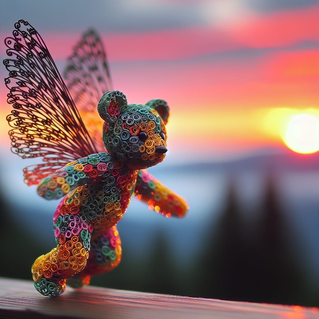 Colorful Flying Toy Bear at Sunset
