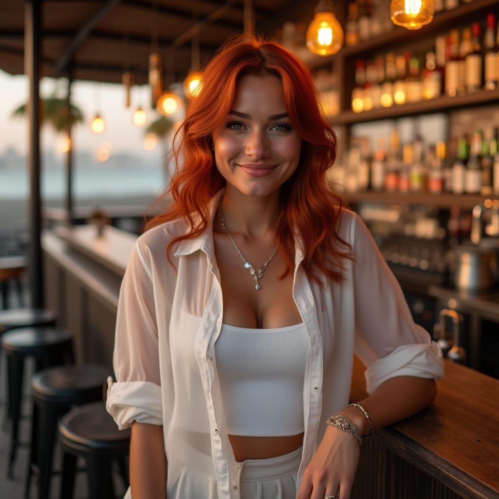 Hyper Realistic Photo of Red-Haired Woman in Dubai Bar