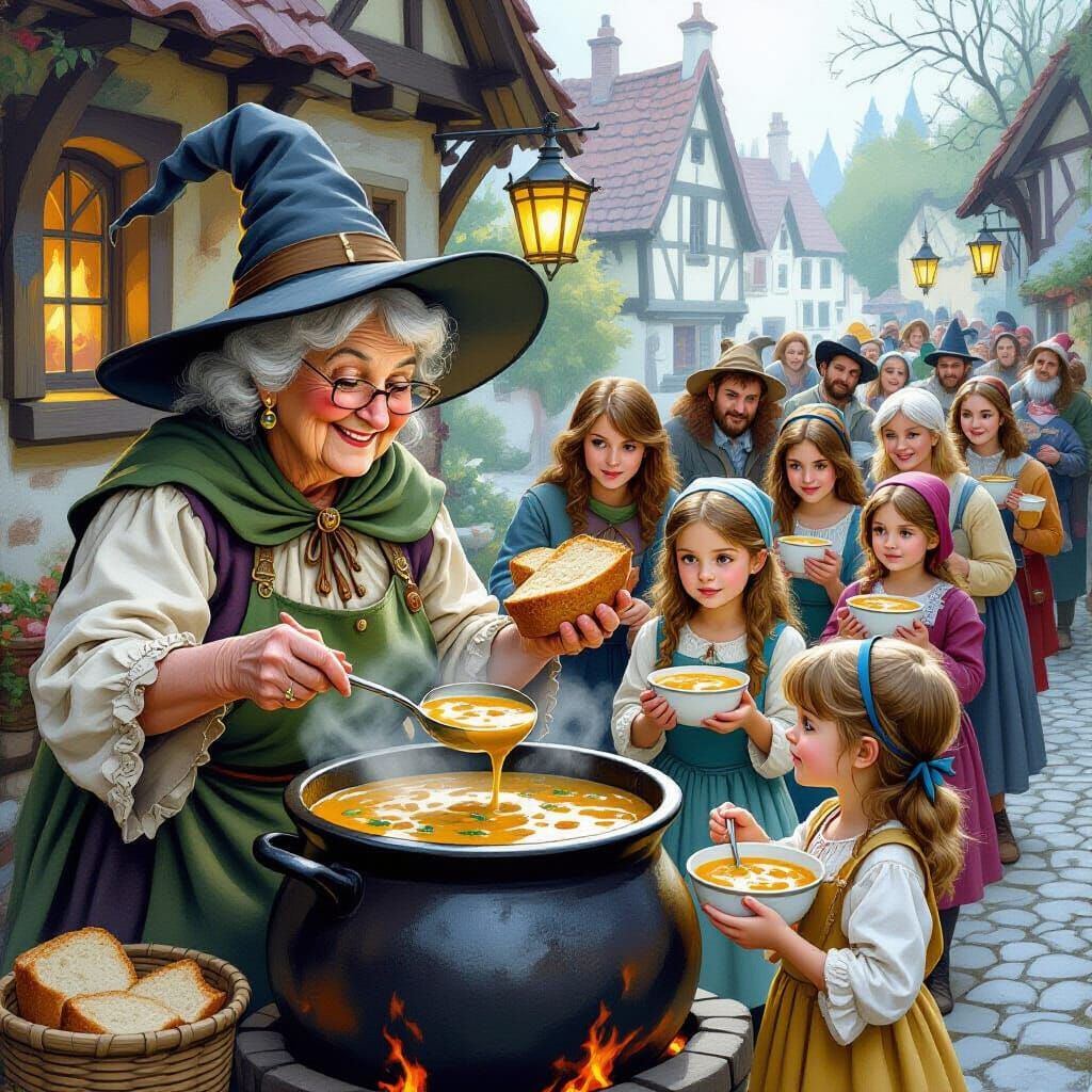 Witch Ladles Mushroom Soup for Hungry Townsfolk