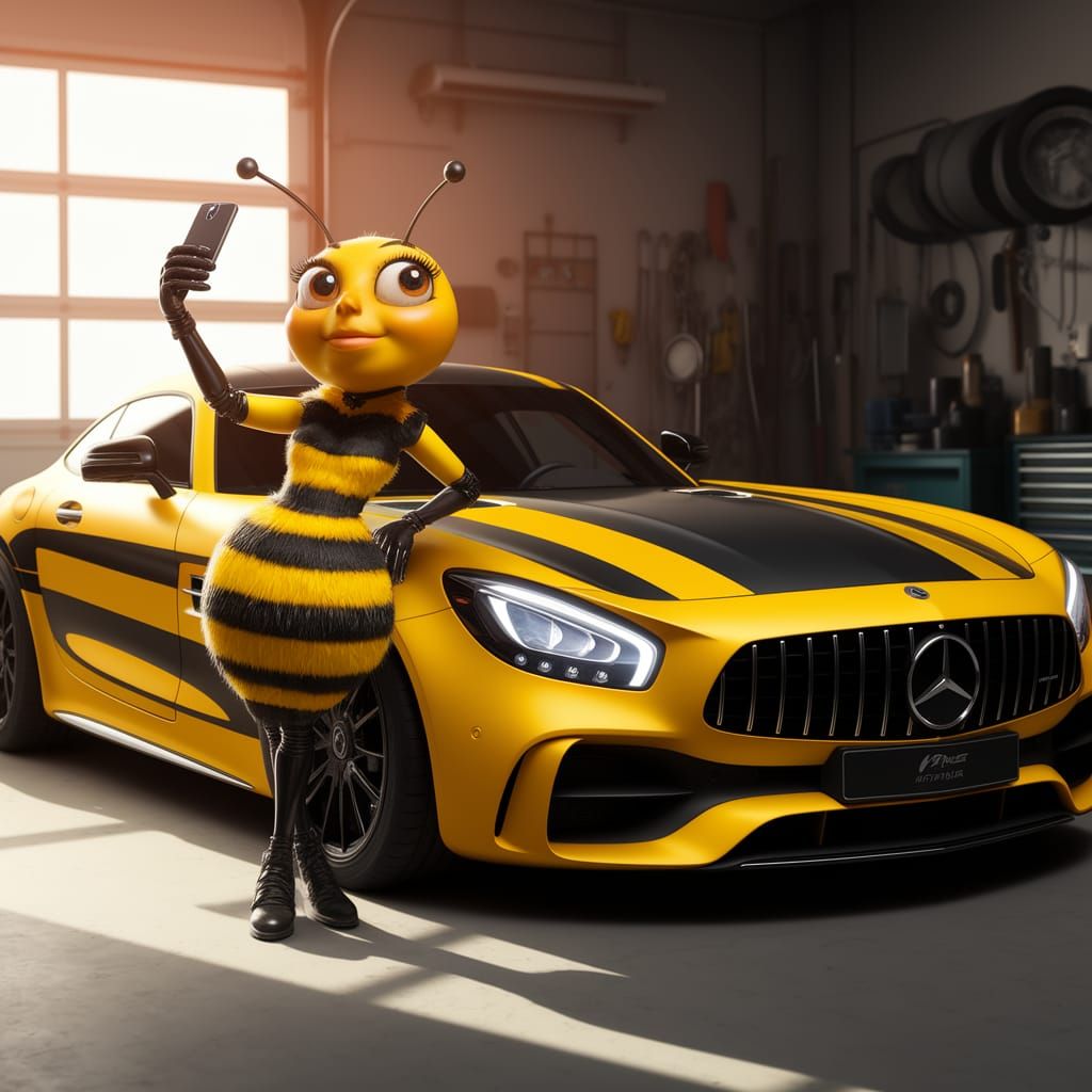 Confident Bee Takes a Selfie in a Bright Garage