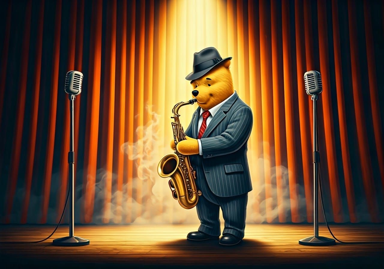 Winnie the pooh playing a saxophone