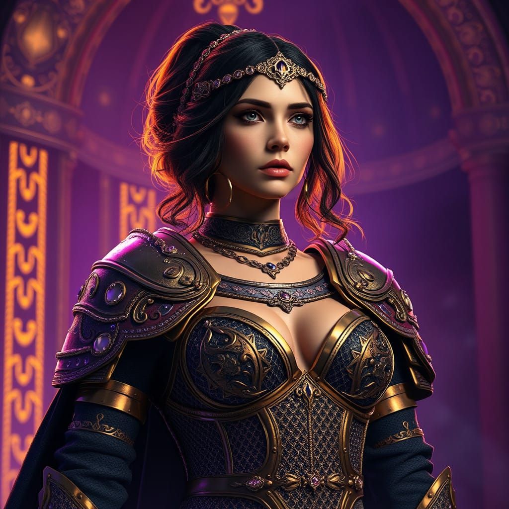 Regal Woman in Intricately Crafted Bronze Chainmail Armor