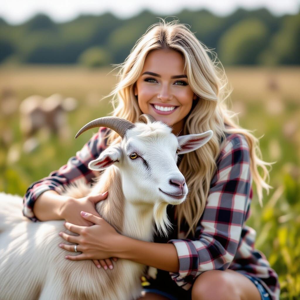 Woman's Joyful Embrace with Goat in Field