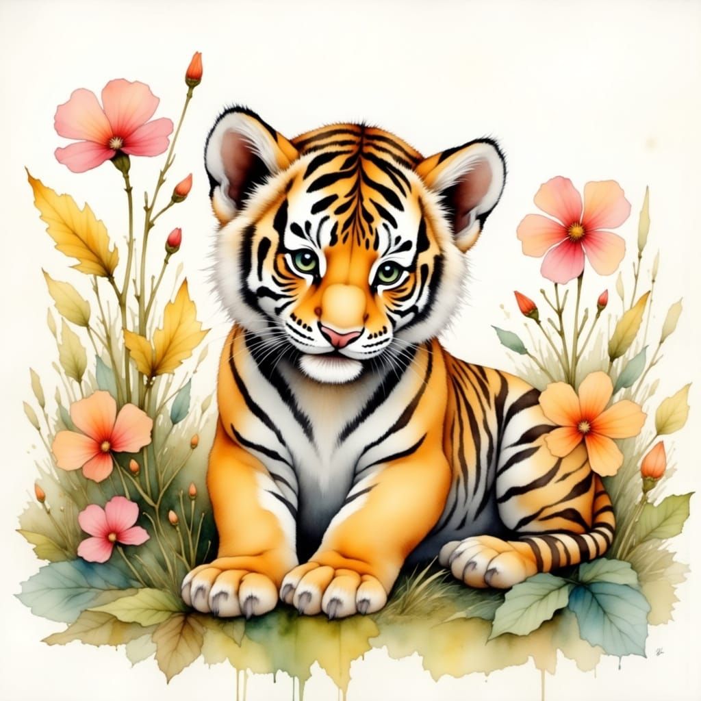 Whimsical Tiger Cub in Lush Jungle Scene
