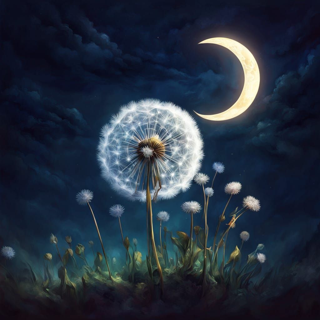 Whimsical Dandelion Under a Starry Crescent Moon