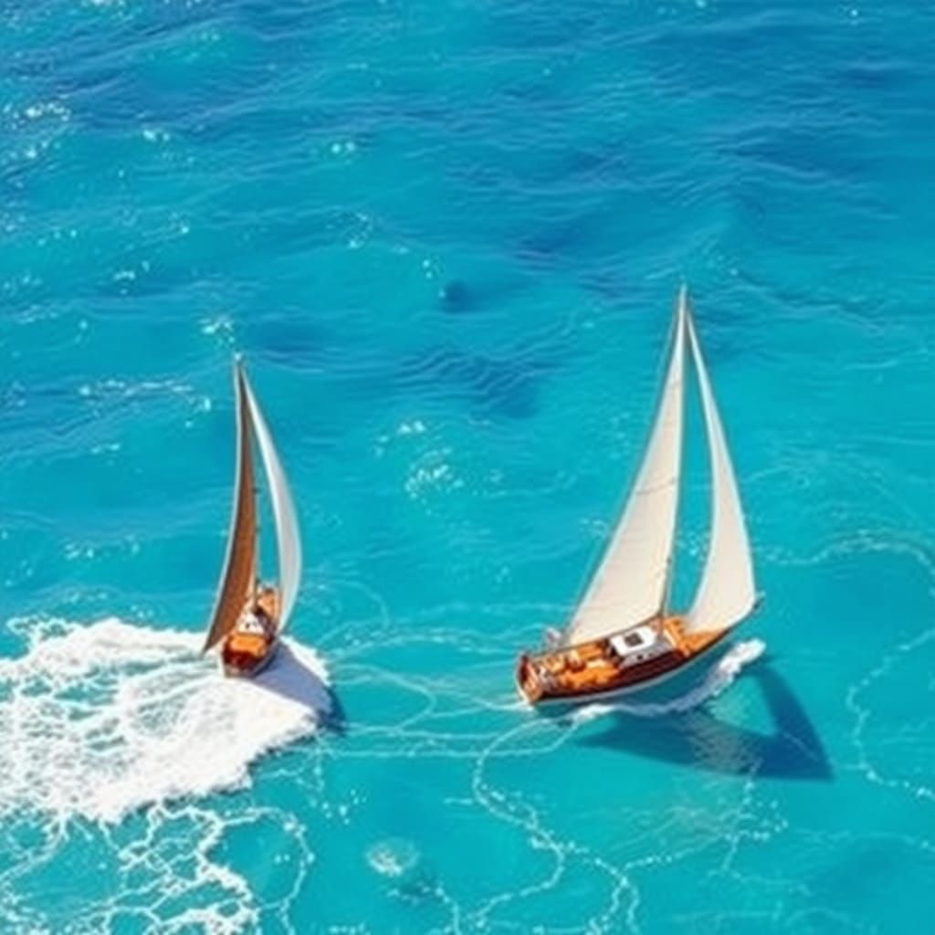 Sailboats on Turquoise Ocean in Impressionist Style
