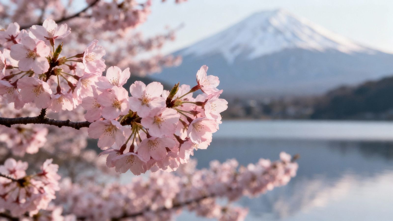 Cherry Blossoms by Serene Lake in Morning Light