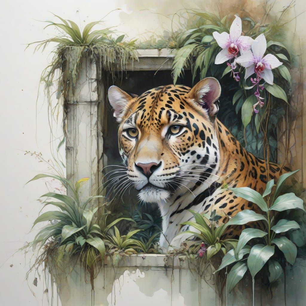Jungle Ruins with Jaguar in Watercolour Style