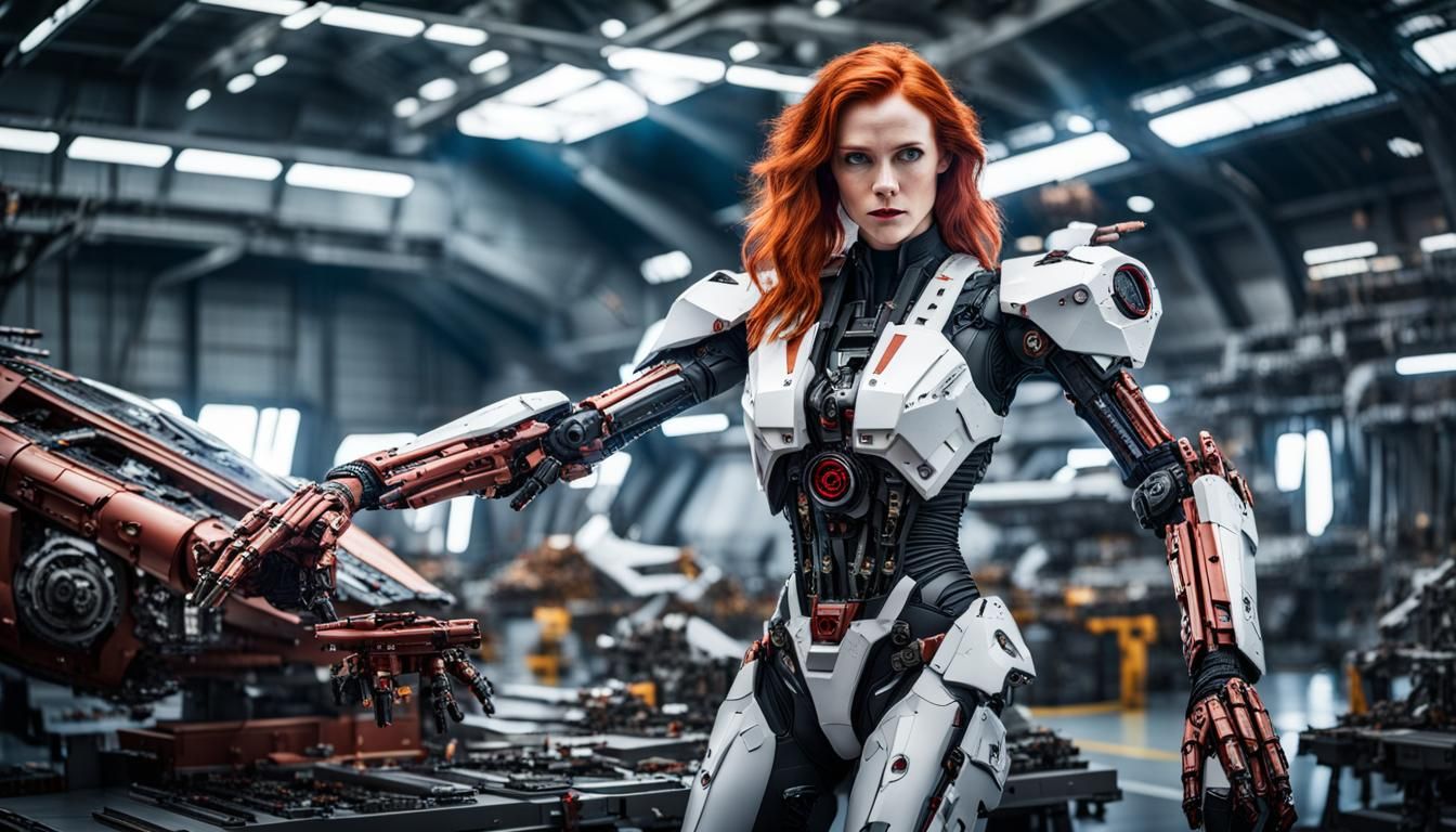 Cyborg Woman Repairs Spaceship Engine