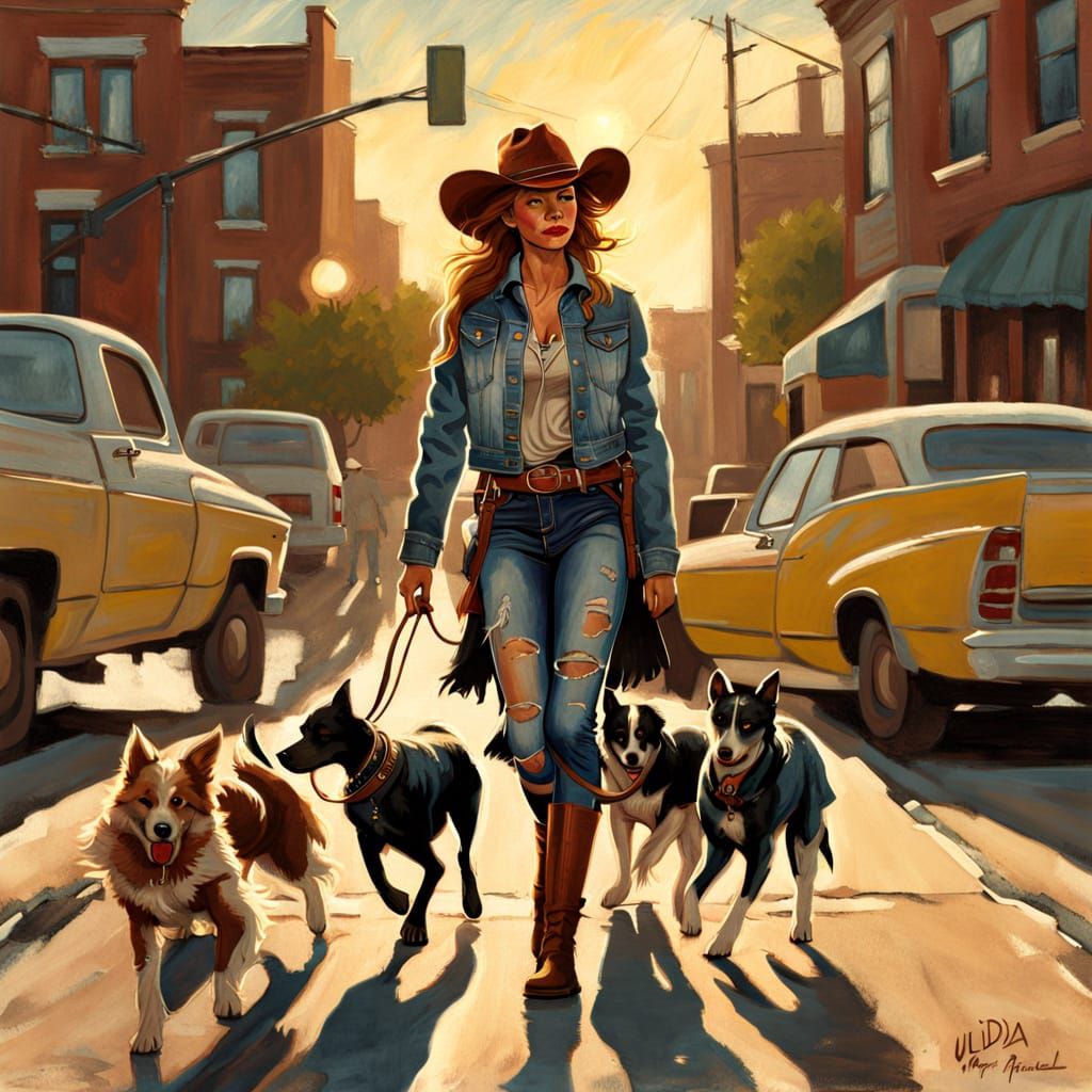 Urban Cowgirl Walking Dogs in Golden Hour Light