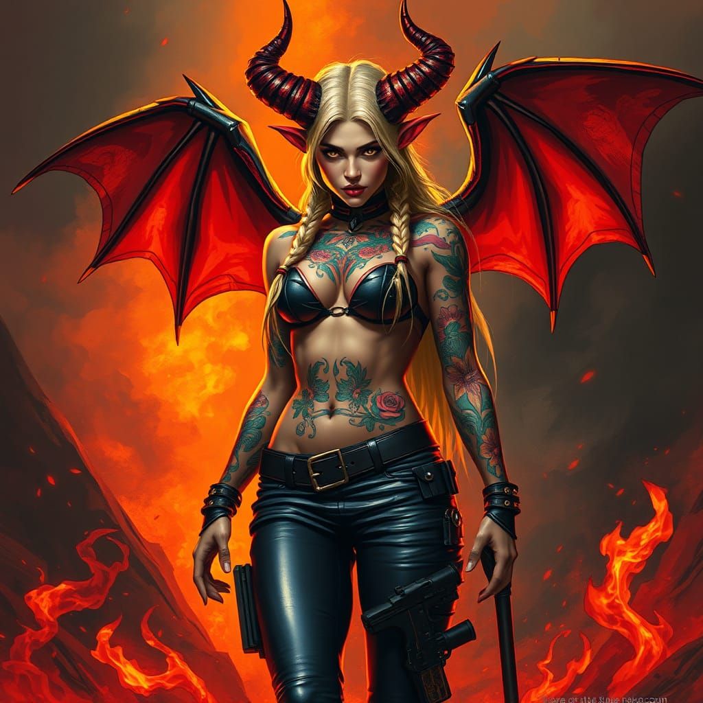 beautiful demon, leather choker with metallic accents, leather pants with gun holster coloured tattoos, long blonde brai...
