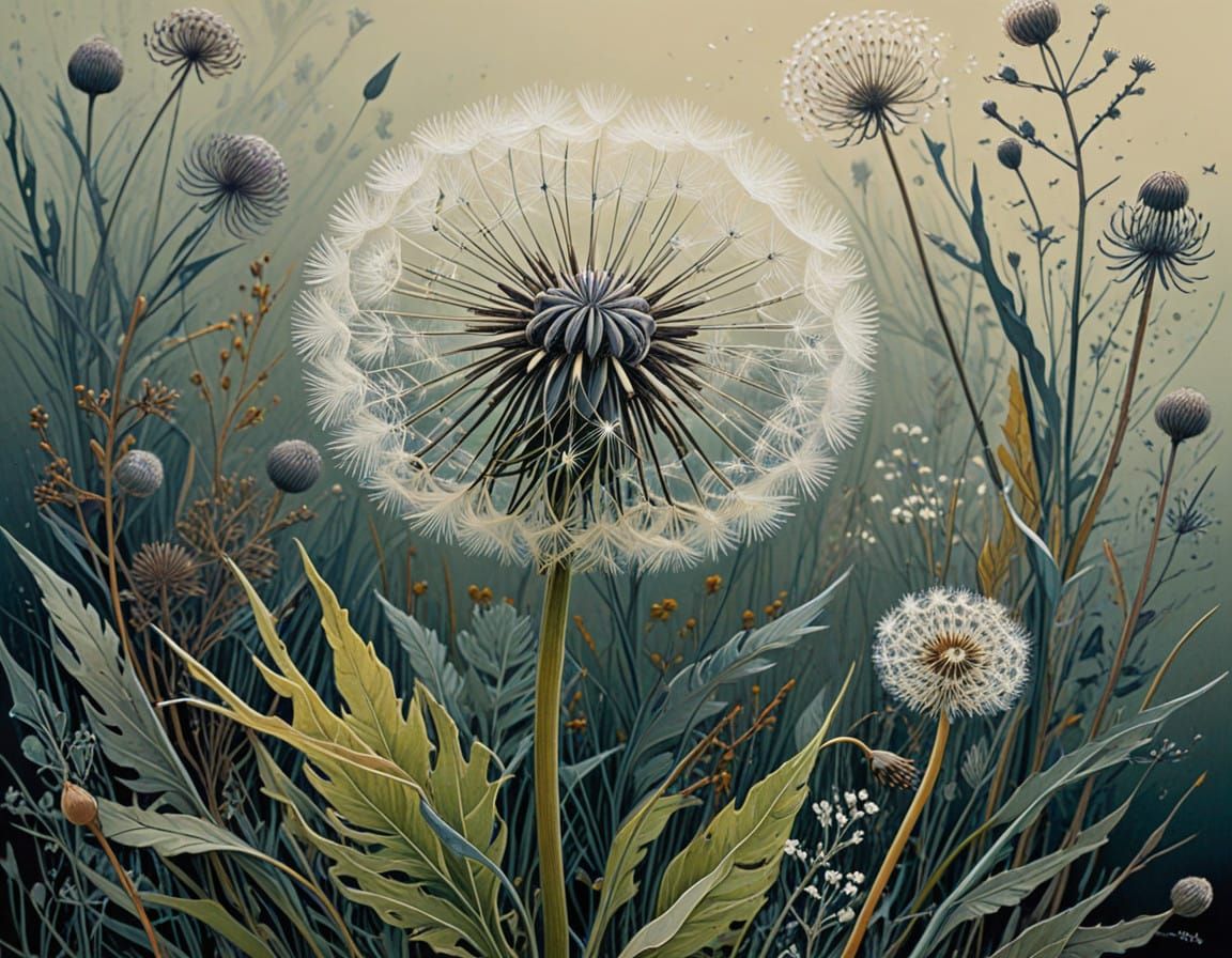 Hand-Coloured Linoprint of a Delicate Dandelion