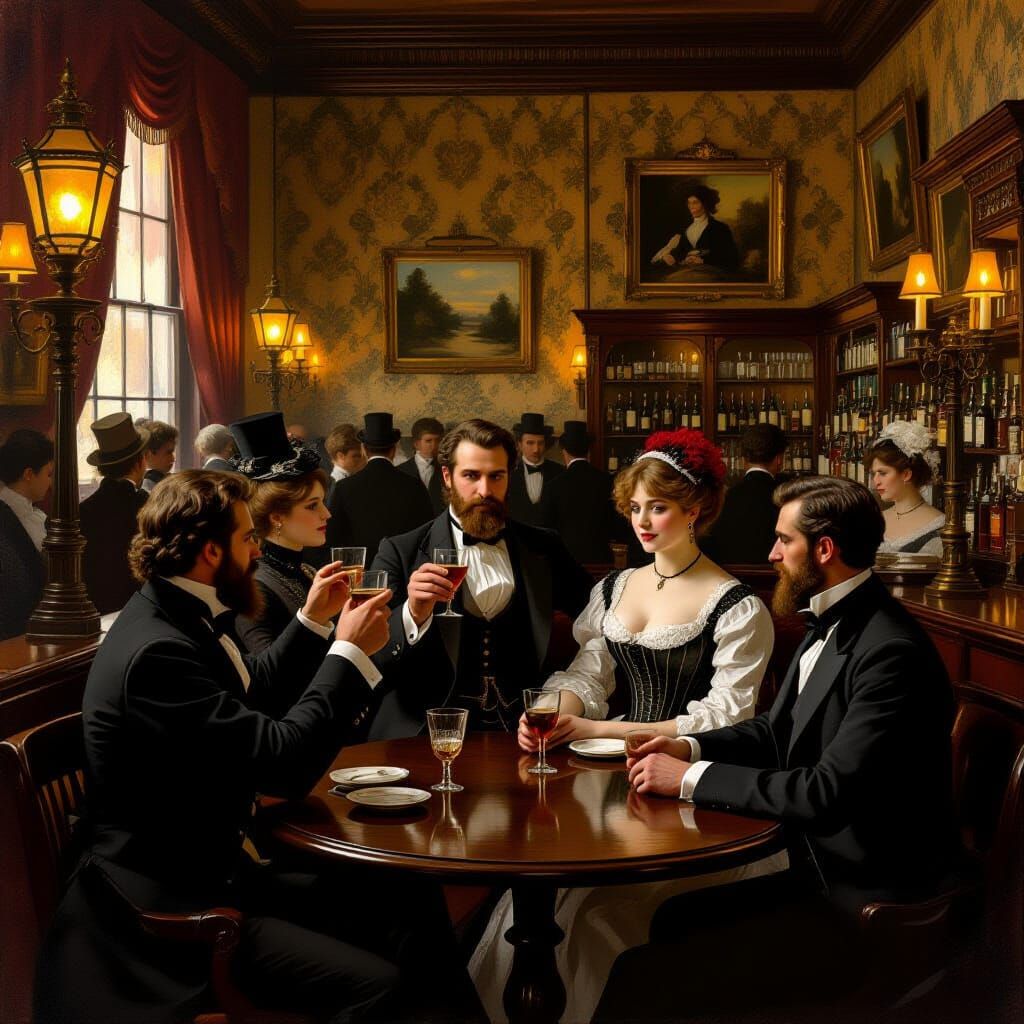 Victorian Bar Scene: Gentlemen & Ladies Socializing in Warm ...