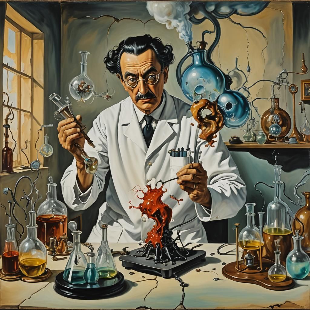 Mad Scientist Experiment in Surrealist Melting Oil Style