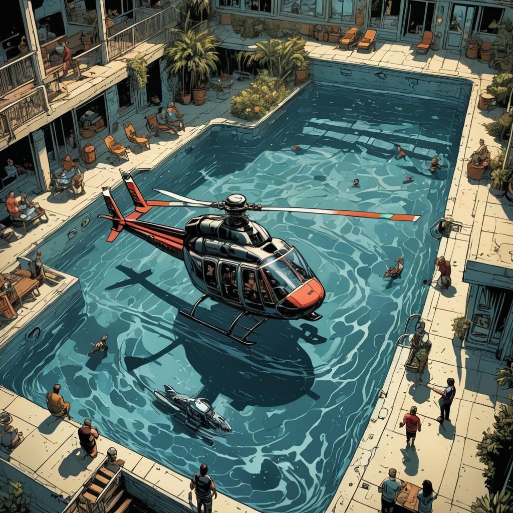 Helicopter Submerged in Swimming Pool: Comic Book Art