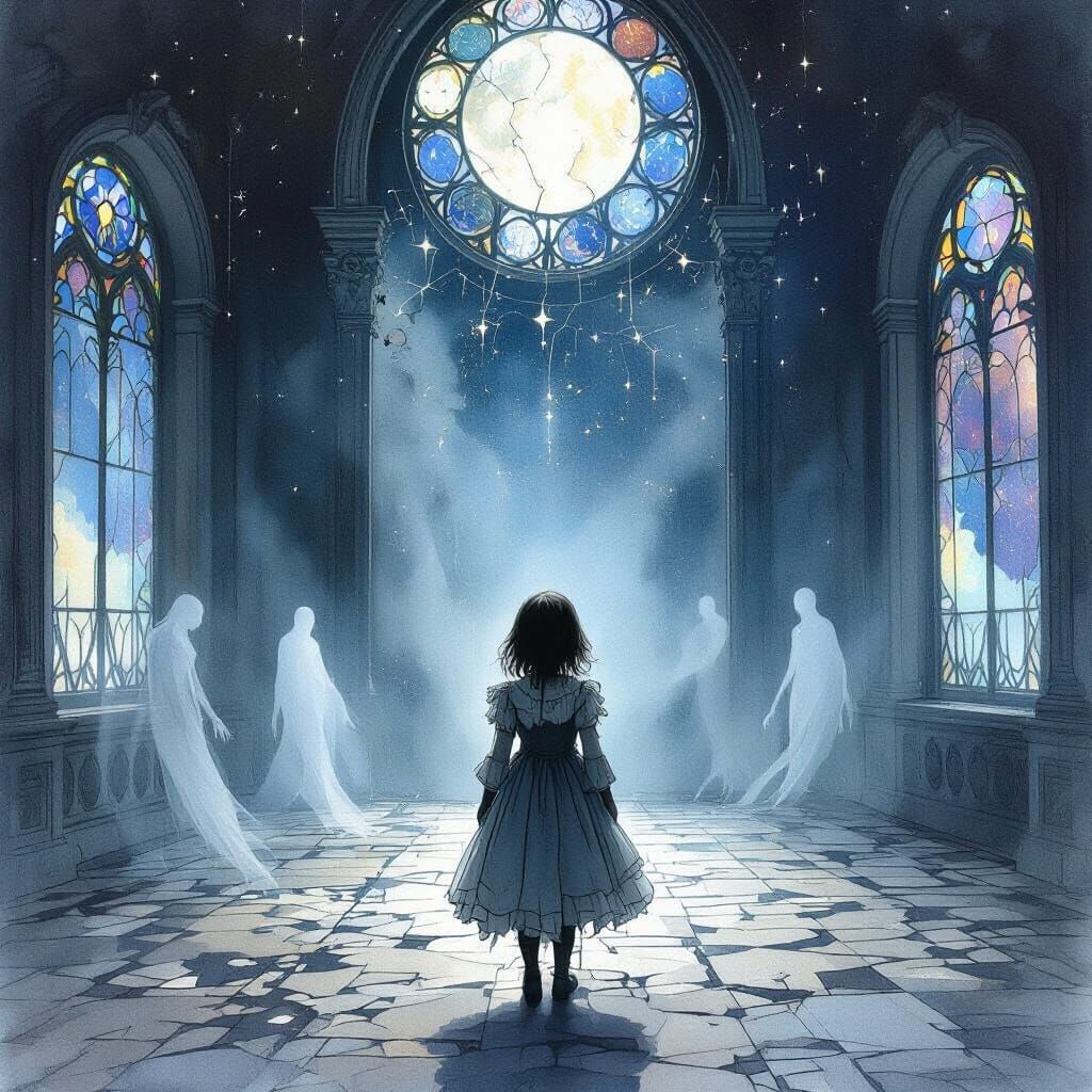 Victorian Child in Decaying Ballroom Under Moonlight