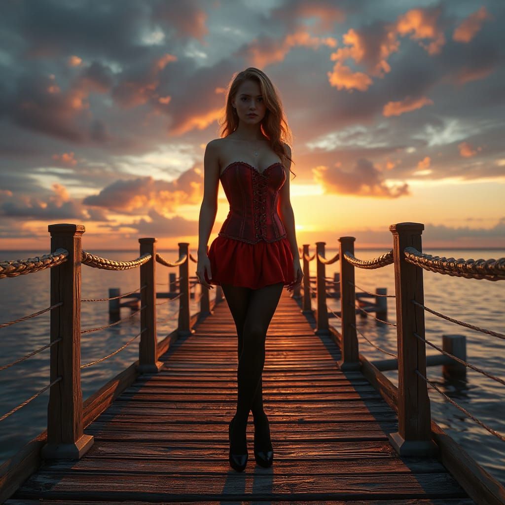 Girl on Pier at Sunset in Red Corset