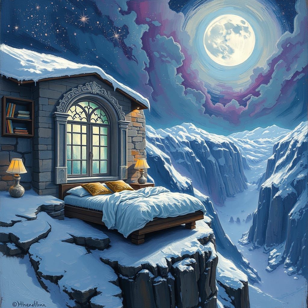 Moonlit Bedroom Atop Snowy Cliff in Hyper-Maximalist Style